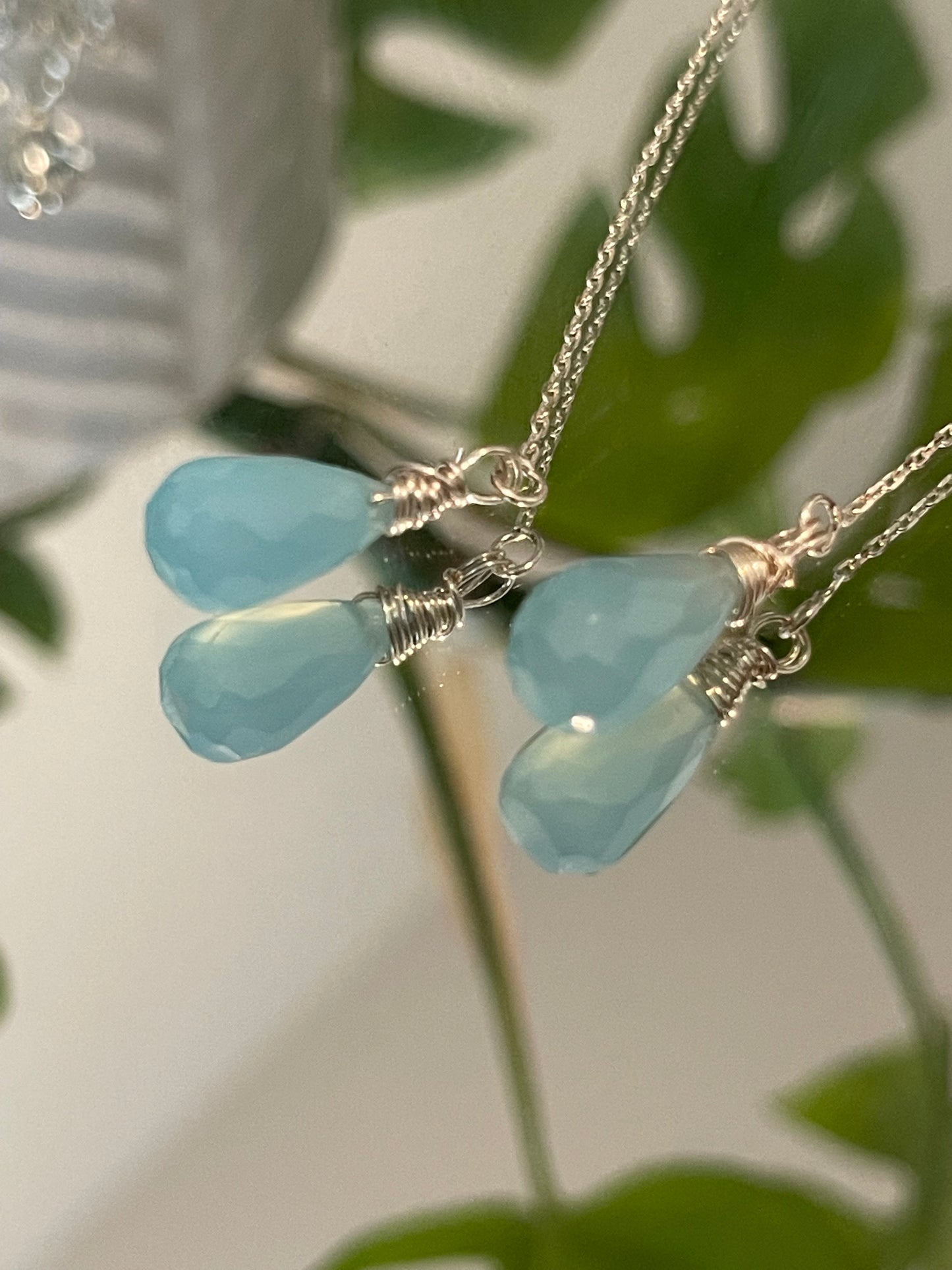Blue chalcedony gemstone threader earrings