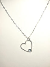Load image into Gallery viewer, Blue topaz and sterling silver open heart necklace - paperclip chain
