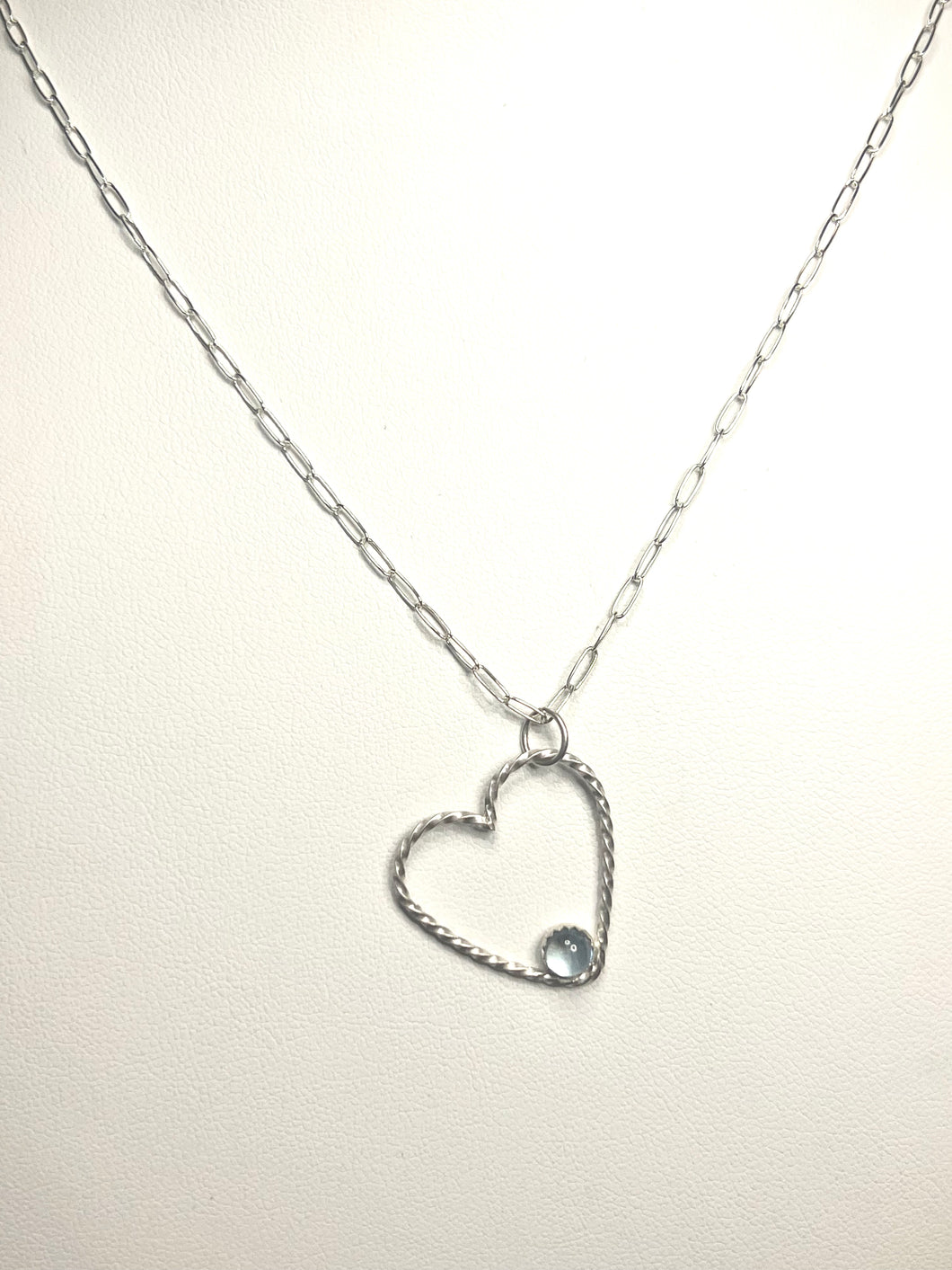 Blue topaz and sterling silver open heart necklace - paperclip chain