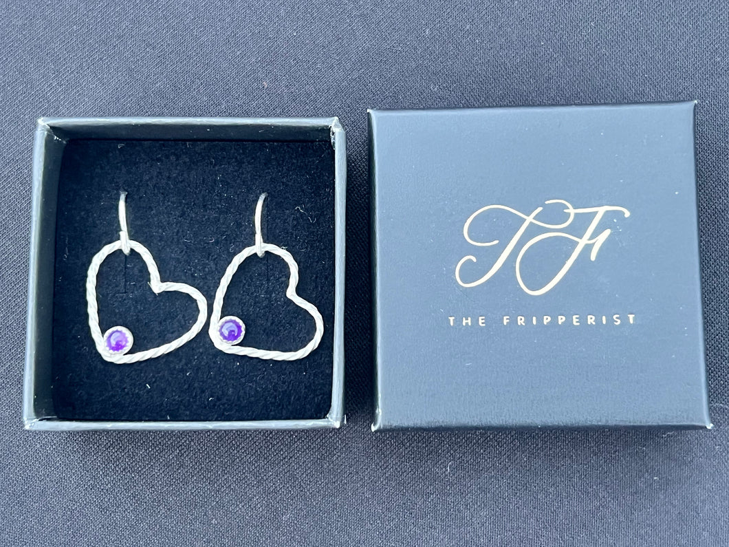 Amethyst and sterling silver open heart earrings