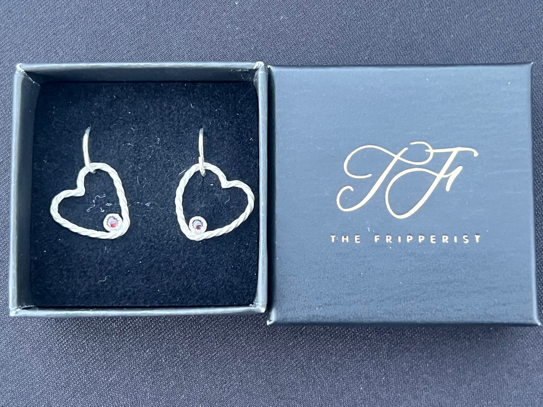 Garnet and sterling silver open heart earrings